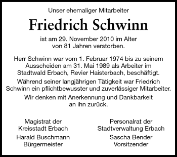Traueranzeige von Friedrich Schwinn von Odenwälder Echo