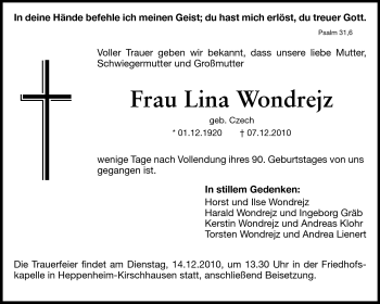 Traueranzeige von Lina Wondrejz von Starkenburger Echo