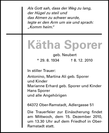 Traueranzeige von Kätha Sporer von Darmstädter Echo, Odenwälder Echo, Rüsselsheimer Echo, Groß-Gerauer-Echo, Ried Echo