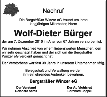 Traueranzeige von Wolf-Dieter Bürger von Starkenburger Echo, Bergsträßer Anzeiger