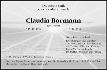 Traueranzeige von Claudia Bormann von Darmstädter Echo, Odenwälder Echo, Rüsselsheimer Echo, Groß-Gerauer-Echo, Ried Echo