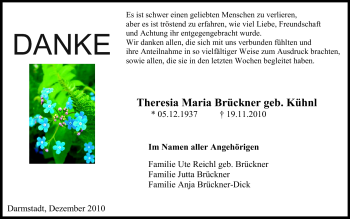Traueranzeige von Theresia Maria Brückner von Darmstädter Echo, Odenwälder Echo, Rüsselsheimer Echo, Groß-Gerauer-Echo, Ried Echo