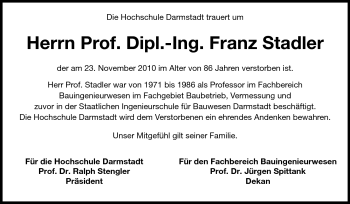 Traueranzeige von Prof. Franz Stadler von Echo-Zeitungen (Gesamtausgabe)