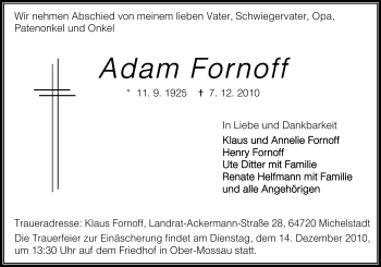 Traueranzeige von Adam Fornoff von Odenwälder Echo