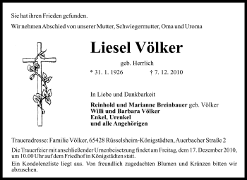 Traueranzeige von Liesel Völker von Rüsselsheimer Echo, Groß-Gerauer-Echo, Ried Echo