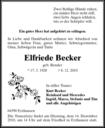 Traueranzeige von Elfriede Becker von Darmstädter Echo, Odenwälder Echo, Rüsselsheimer Echo, Groß-Gerauer-Echo, Ried Echo