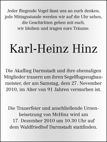 Traueranzeige von Karl-Heinz Hinz von Echo-Zeitungen (Gesamtausgabe)