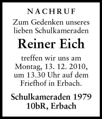 Traueranzeige von Reiner Eich von Odenwälder Echo