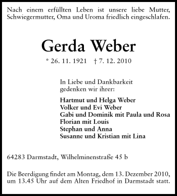 Traueranzeige von Gerda Weber von Darmstädter Echo, Odenwälder Echo, Rüsselsheimer Echo, Groß-Gerauer-Echo, Ried Echo