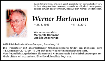 Traueranzeige von Werner Hartmann von Odenwälder Echo