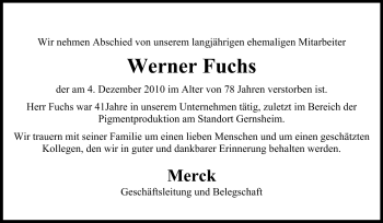 Traueranzeige von Fuchs Werner von Rüsselsheimer Echo, Groß-Gerauer-Echo, Ried Echo