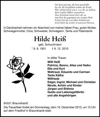 Traueranzeige von Hilde Heiß von Darmstädter Echo, Odenwälder Echo, Rüsselsheimer Echo, Groß-Gerauer-Echo, Ried Echo