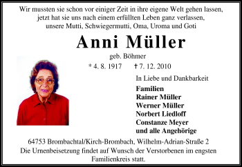 Traueranzeige von Anni Müller von Odenwälder Echo