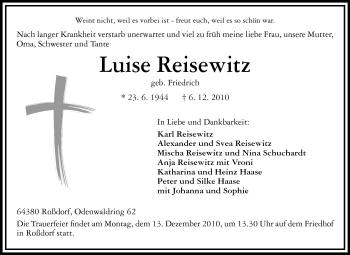 Traueranzeige von Reisewitz Luise von Echo-Zeitungen (Gesamtausgabe)