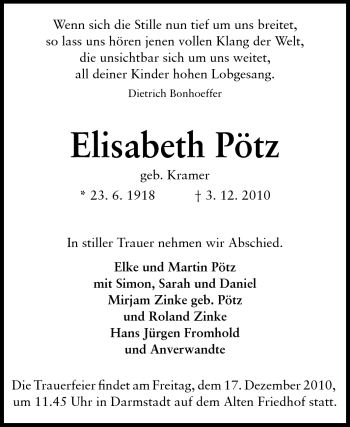 Traueranzeige von Pötz Elisabeth von Darmstädter Echo, Odenwälder Echo, Rüsselsheimer Echo, Groß-Gerauer-Echo, Ried Echo