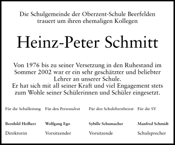 Traueranzeige von Heinz-Peter Schmitt von Odenwälder Echo