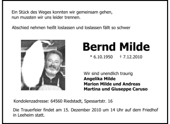 Traueranzeige von Bernd Milde von Echo-Zeitungen (Gesamtausgabe)