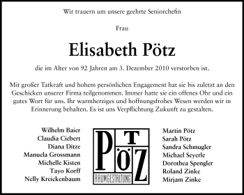 Traueranzeige von Elisabeth Pötz von Darmstädter Echo, Odenwälder Echo, Rüsselsheimer Echo, Groß-Gerauer-Echo, Ried Echo