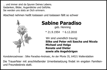 Traueranzeige von Sabine Paradiso von Rüsselsheimer Echo, Groß-Gerauer-Echo, Ried Echo