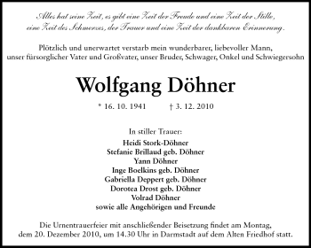 Traueranzeige von Wolfgang Döhner von Darmstädter Echo, Odenwälder Echo, Rüsselsheimer Echo, Groß-Gerauer-Echo, Ried Echo
