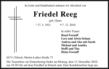 Traueranzeige von Friedel Reeg von Odenwälder Echo