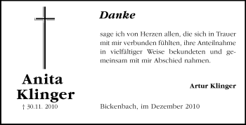 Traueranzeige von Anita Klinger von Darmstädter Echo, Odenwälder Echo, Rüsselsheimer Echo, Groß-Gerauer-Echo, Ried Echo