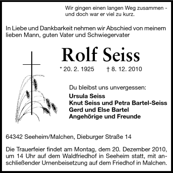 Traueranzeige von Rolf Seiss von Echo-Zeitungen (Gesamtausgabe)