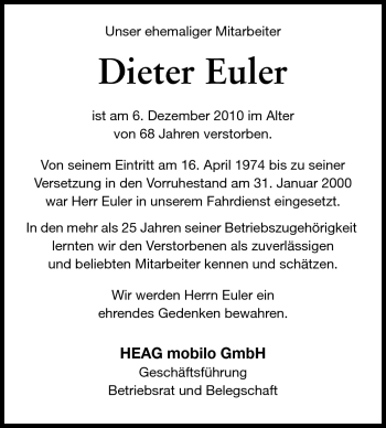 Traueranzeige von Dieter Euler von Darmstädter Echo, Odenwälder Echo, Rüsselsheimer Echo, Groß-Gerauer-Echo, Ried Echo