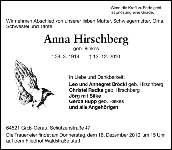 Traueranzeige von Anna Hirschberg von Rüsselsheimer Echo, Groß-Gerauer-Echo, Ried Echo