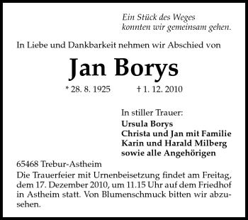 Traueranzeige von Jan Borys von Rüsselsheimer Echo, Groß-Gerauer-Echo, Ried Echo