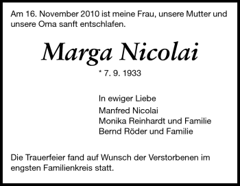 Traueranzeige von Marga Nicolai von Darmstädter Echo, Odenwälder Echo, Rüsselsheimer Echo, Groß-Gerauer-Echo, Ried Echo