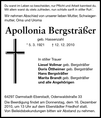 Traueranzeige von Apollonia Bergsträßer von Echo-Zeitungen (Gesamtausgabe)