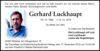 Traueranzeige von Gerhard Luckhaupt von Echo-Zeitungen (Gesamtausgabe)