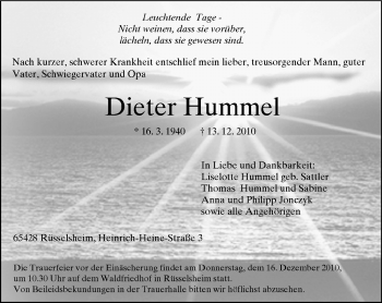 Traueranzeige von Dieter Hummel von Rüsselsheimer Echo, Groß-Gerauer-Echo, Ried Echo