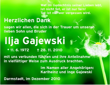Traueranzeige von Ilja Gajewski von Darmstädter Echo, Odenwälder Echo, Rüsselsheimer Echo, Groß-Gerauer-Echo, Ried Echo