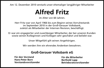 Traueranzeige von Alfred Fritz von Rüsselsheimer Echo, Groß-Gerauer-Echo, Ried Echo