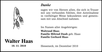 Traueranzeige von Walter Haas von Odenwälder Echo