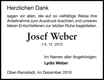 Traueranzeige von Josef Weber von Darmstädter Echo, Odenwälder Echo, Rüsselsheimer Echo, Groß-Gerauer-Echo, Ried Echo