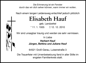 Traueranzeige von Elisabeth Hauf von Rüsselsheimer Echo, Groß-Gerauer-Echo, Ried Echo