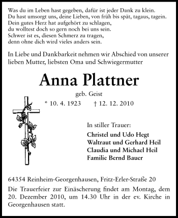 Traueranzeige von Anna Plattner von Echo-Zeitungen (Gesamtausgabe)