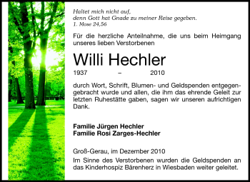 Traueranzeige von Willi Hechler von Rüsselsheimer Echo, Groß-Gerauer-Echo, Ried Echo