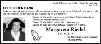 Traueranzeige von Margareta Riedel von Odenwälder Echo