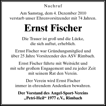 Traueranzeige von Ernst Fischer von Echo-Zeitungen (Gesamtausgabe)