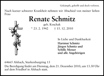 Traueranzeige von Renate Schmitz von Echo-Zeitungen (Gesamtausgabe)