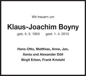 Traueranzeige von Klaus-Joachim Boyny von Echo-Zeitungen (Gesamtausgabe)