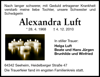 Traueranzeige von Alexandra Luft von Echo-Zeitungen (Gesamtausgabe)