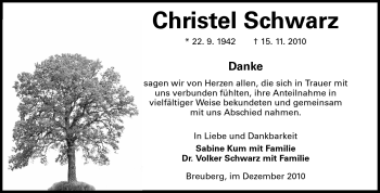 Traueranzeige von Christel Schwarz von Odenwälder Echo