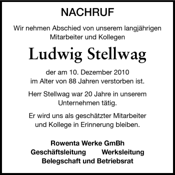 Traueranzeige von Ludwig Stellwag von Odenwälder Echo