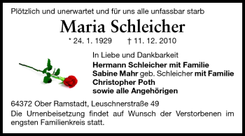 Traueranzeige von Maria Schleicher von Darmstädter Echo, Odenwälder Echo, Rüsselsheimer Echo, Groß-Gerauer-Echo, Ried Echo
