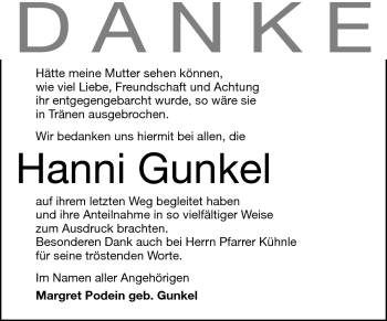 Traueranzeige von Hanni Gunkel von Echo-Zeitungen (Gesamtausgabe)